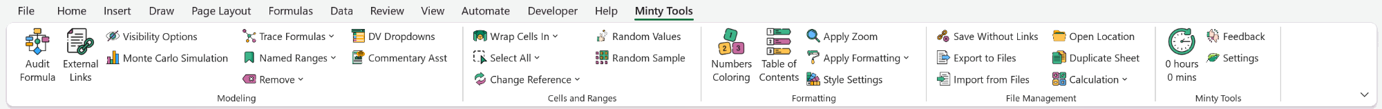 The Minty Tools tab on the Excel ribbon, with groups for Modeling, Cells and Ranges, Formatting, File Management and Minty Tools.