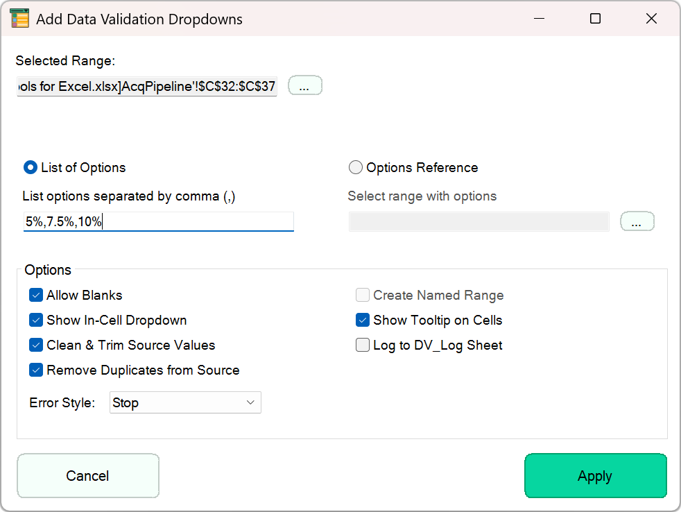 Add Data Validation Dropdowns dialog with a typed list of options and validation settings
