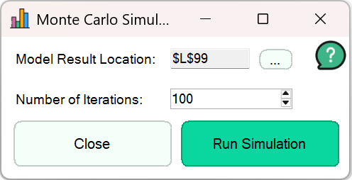 Monte Carlo Simulation dialog with the model result location and number of iterations